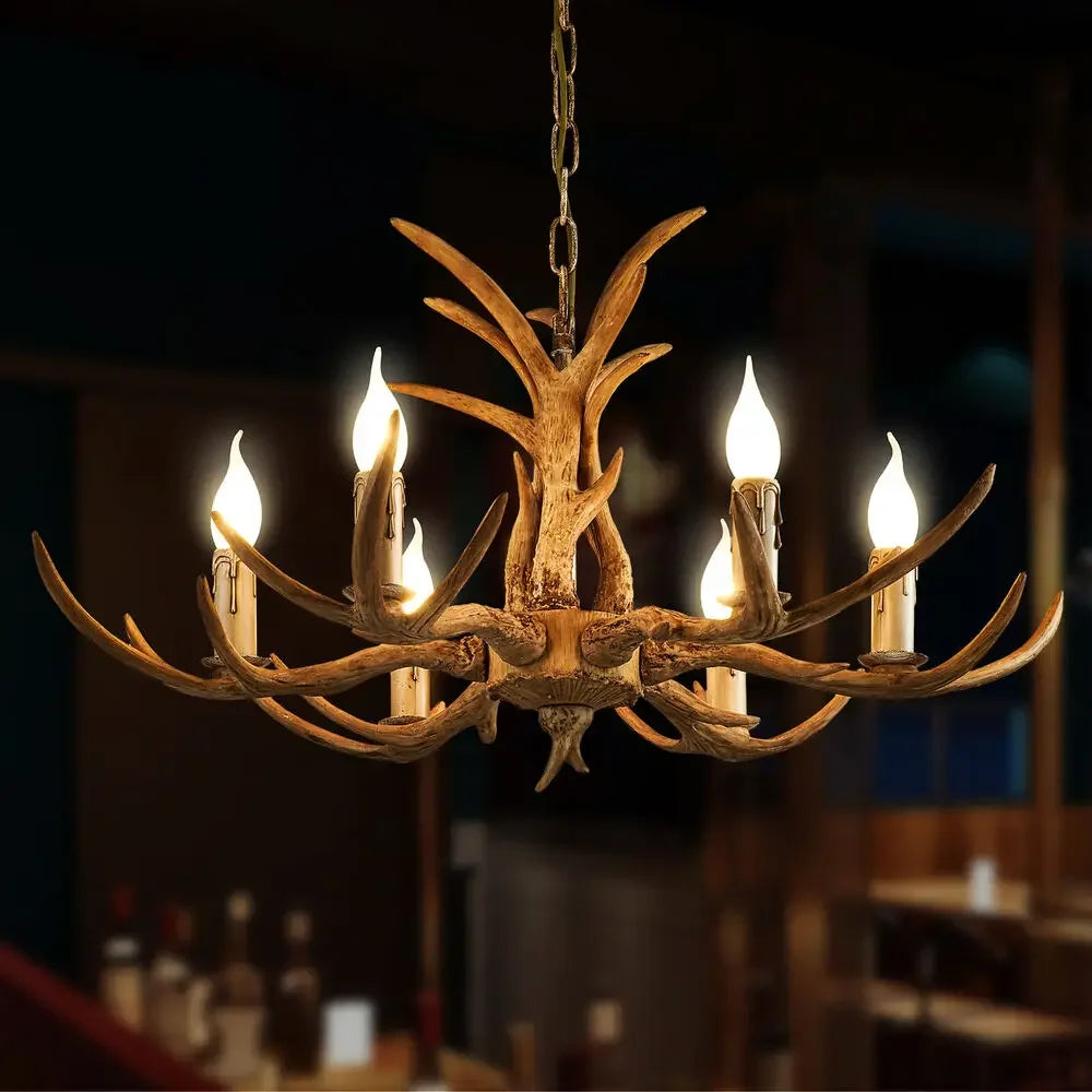 Lustre Bois Cerf Rustique 6 Lumières LED