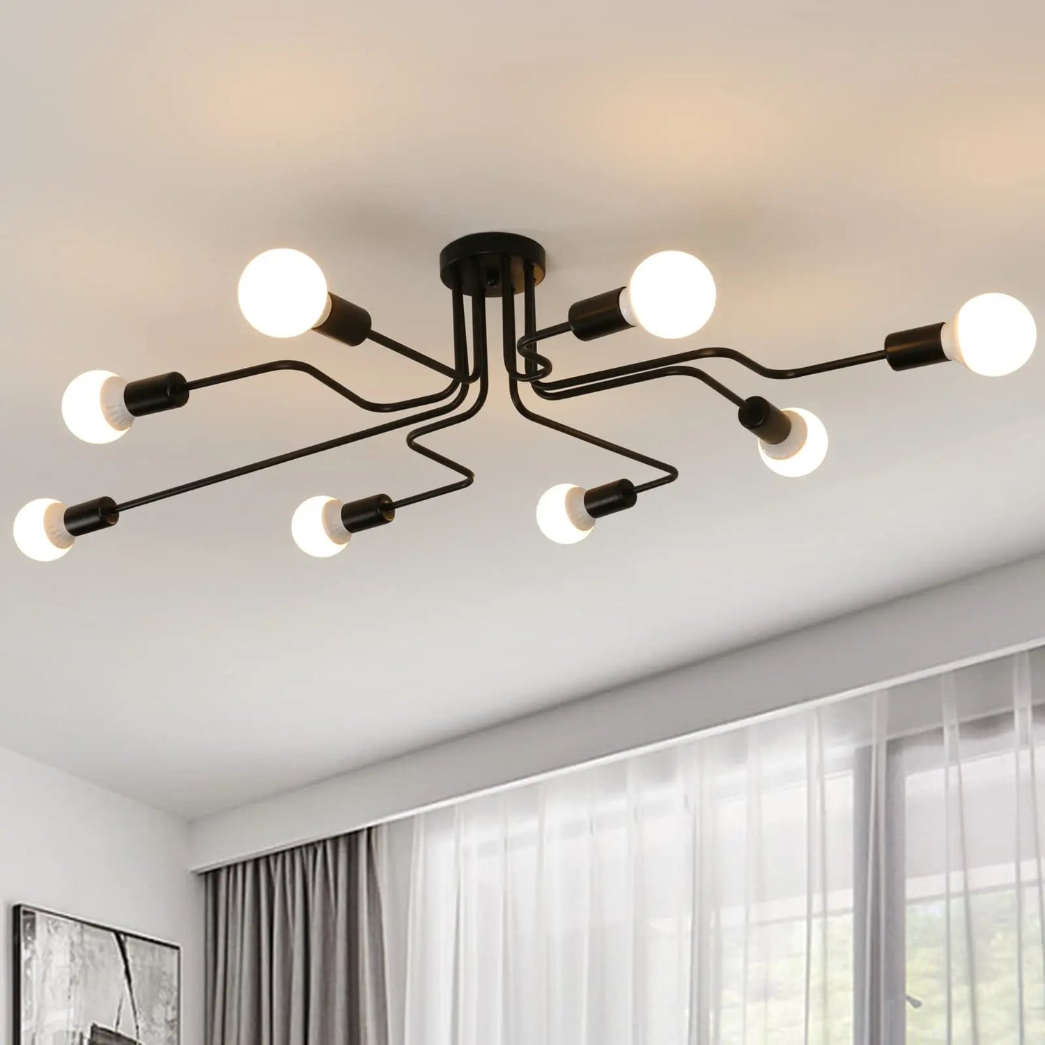 Lustre Industriel Métal Noir 8 Lumières