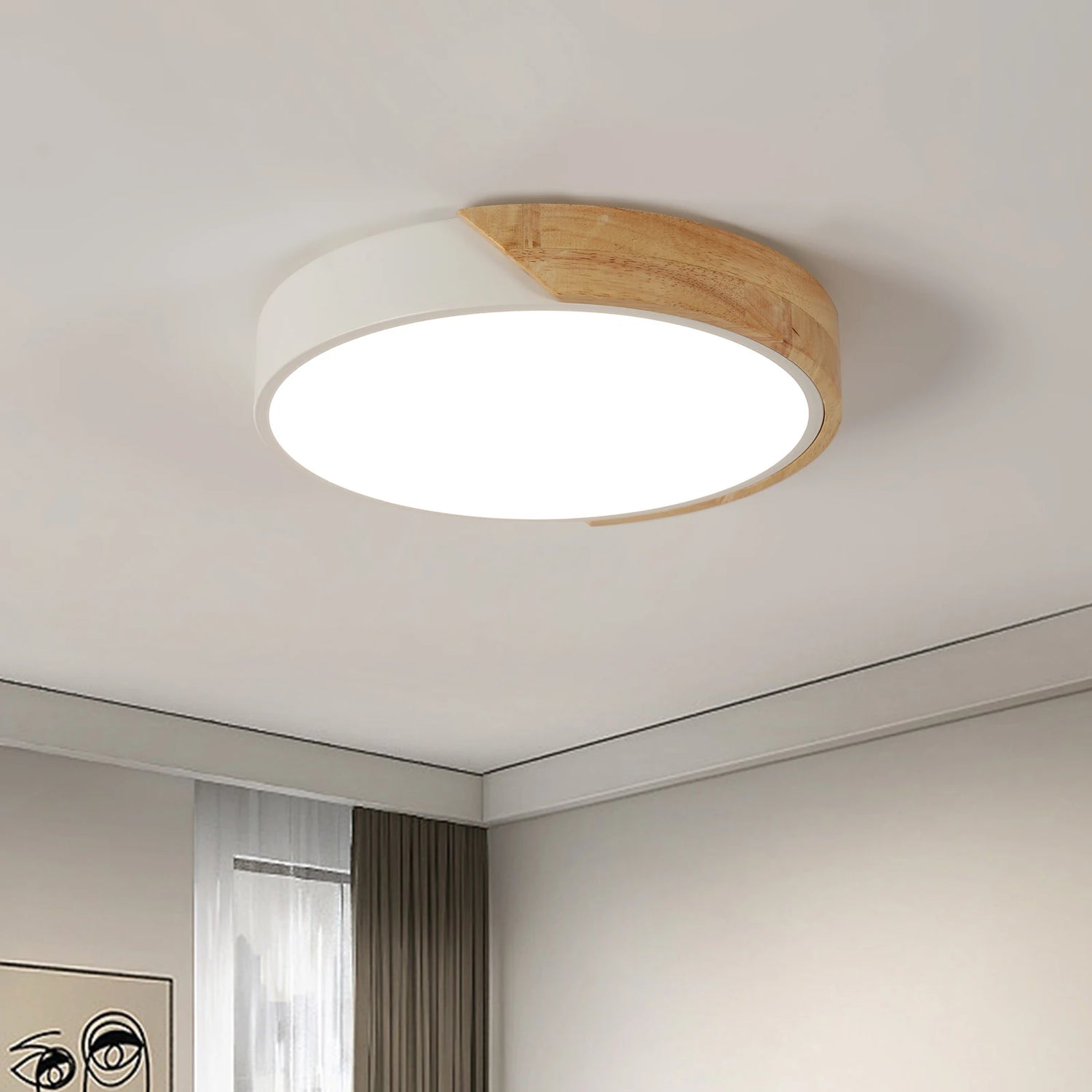 Plafonnier LED Rond Bois Et Blanc Moderne 30W