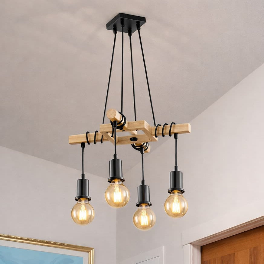 Suspension Industrielle Bois Noir 4 Lumières