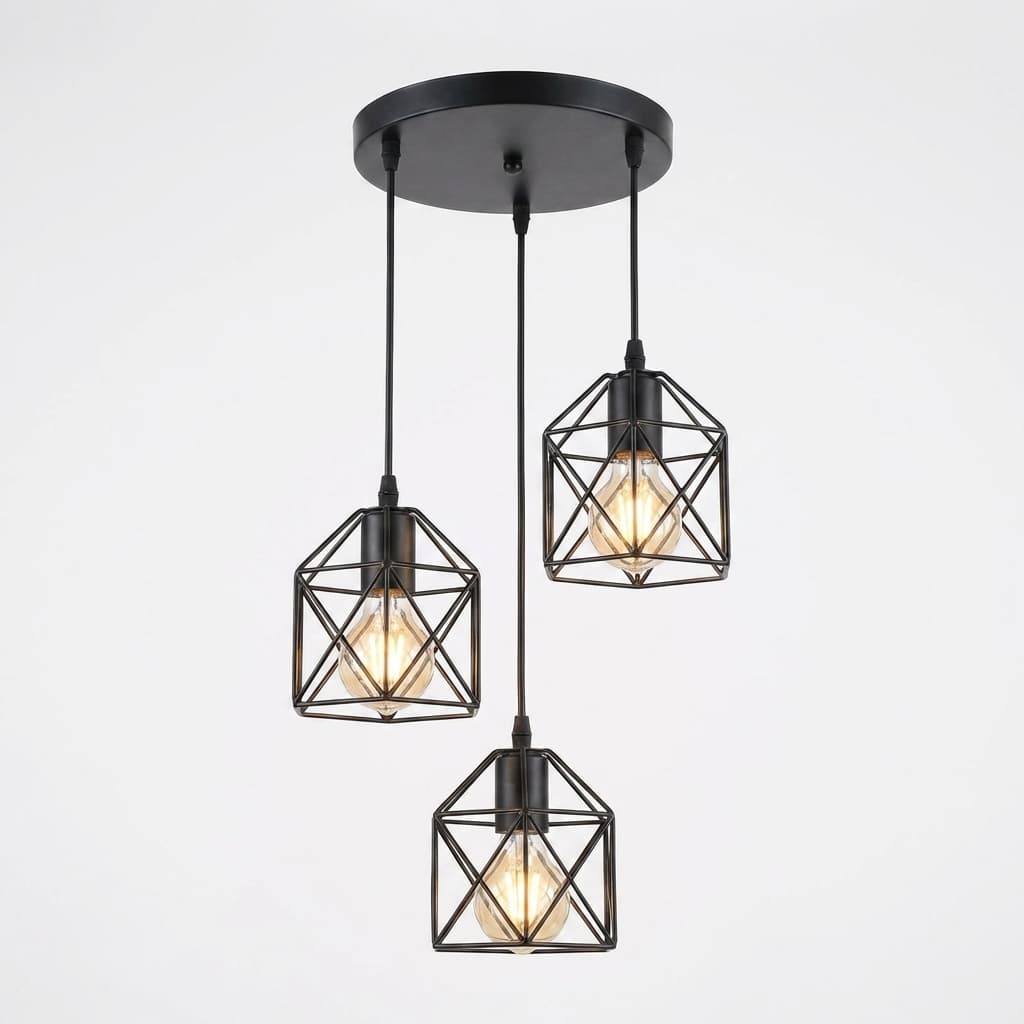 Suspension Industrielle Cage Noir 3 Lumières